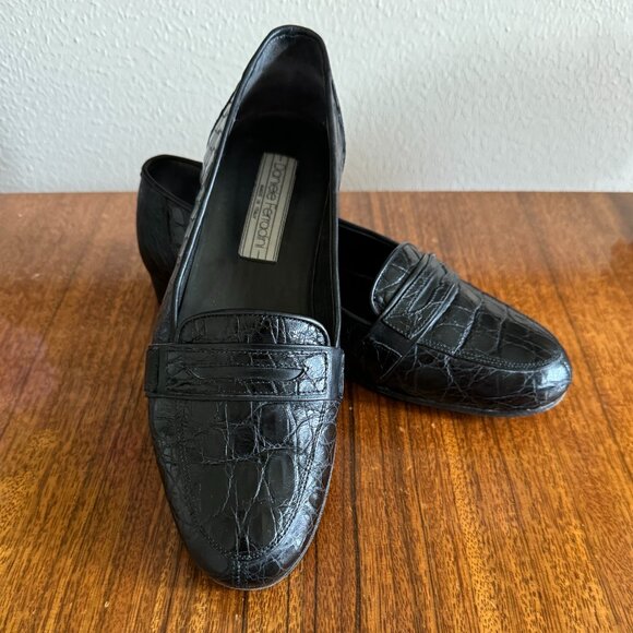 ?HP?D Ferradini Men’s Size 9M GENUINE CROCODILE Black Italian Loafer Hand Made main image 6
